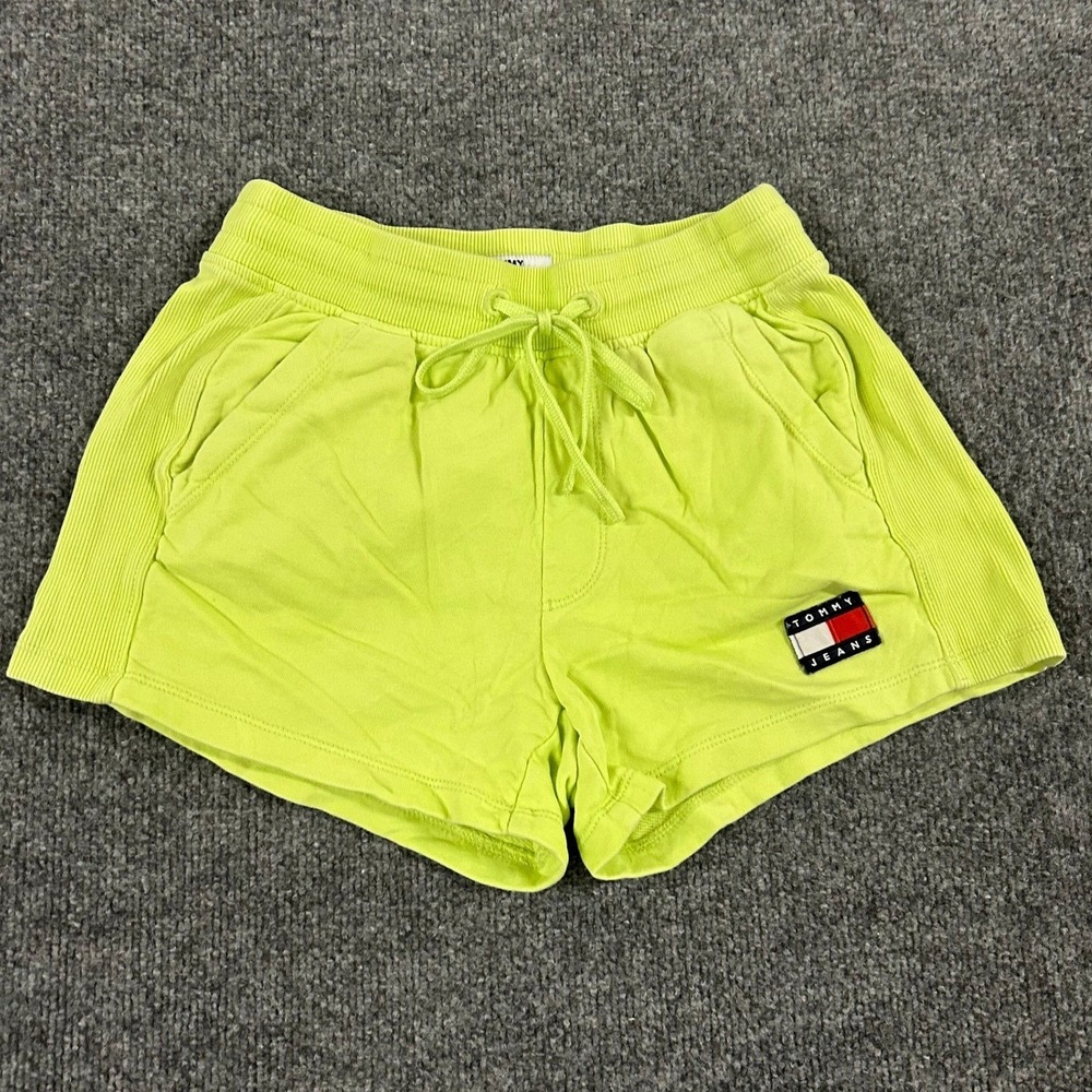 Tommy Jeans Shorts Womens Size XS Neon Lime Green Cotton Drawstring Lounge Sweat